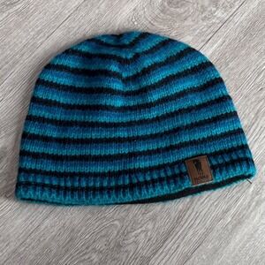 Noble‎ Equestrian Teal Black Striped 100% Lambswool Fleece Lined Beanie Hat O/S
